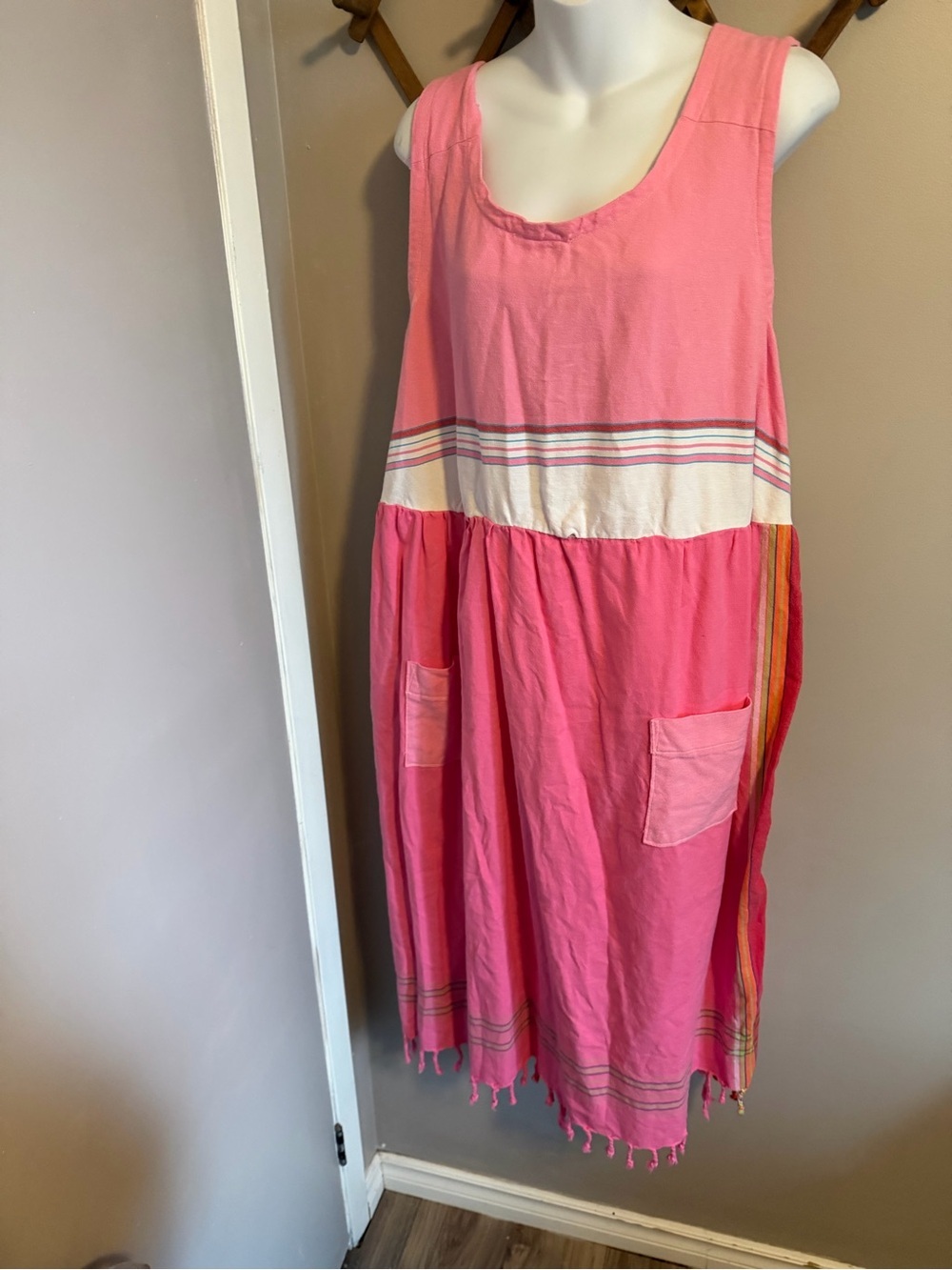 Handmade Vintage Upcycled Turkish Towel Linen Cotton Fringe Dress Pink L/XL